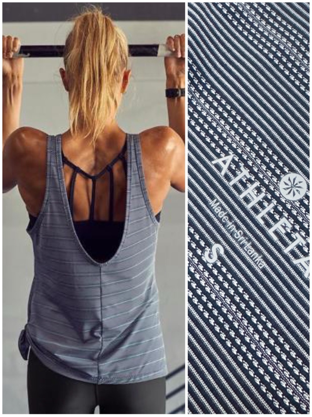 Athleta Max Out Tank Side Tie Sleeveless Double Scoop Top Navy Blue Stripe